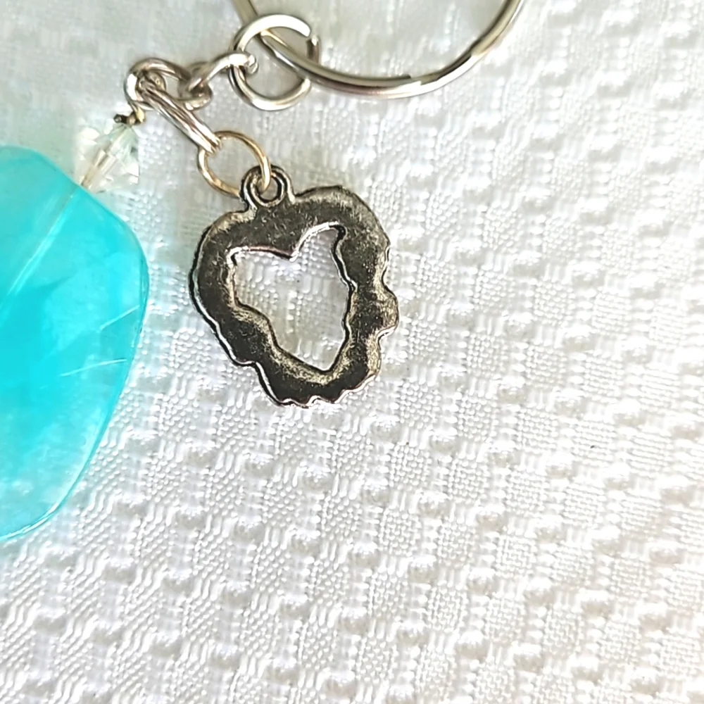 Romantic Sparkling Heart Charm Keychain with Blue Beads Handmade